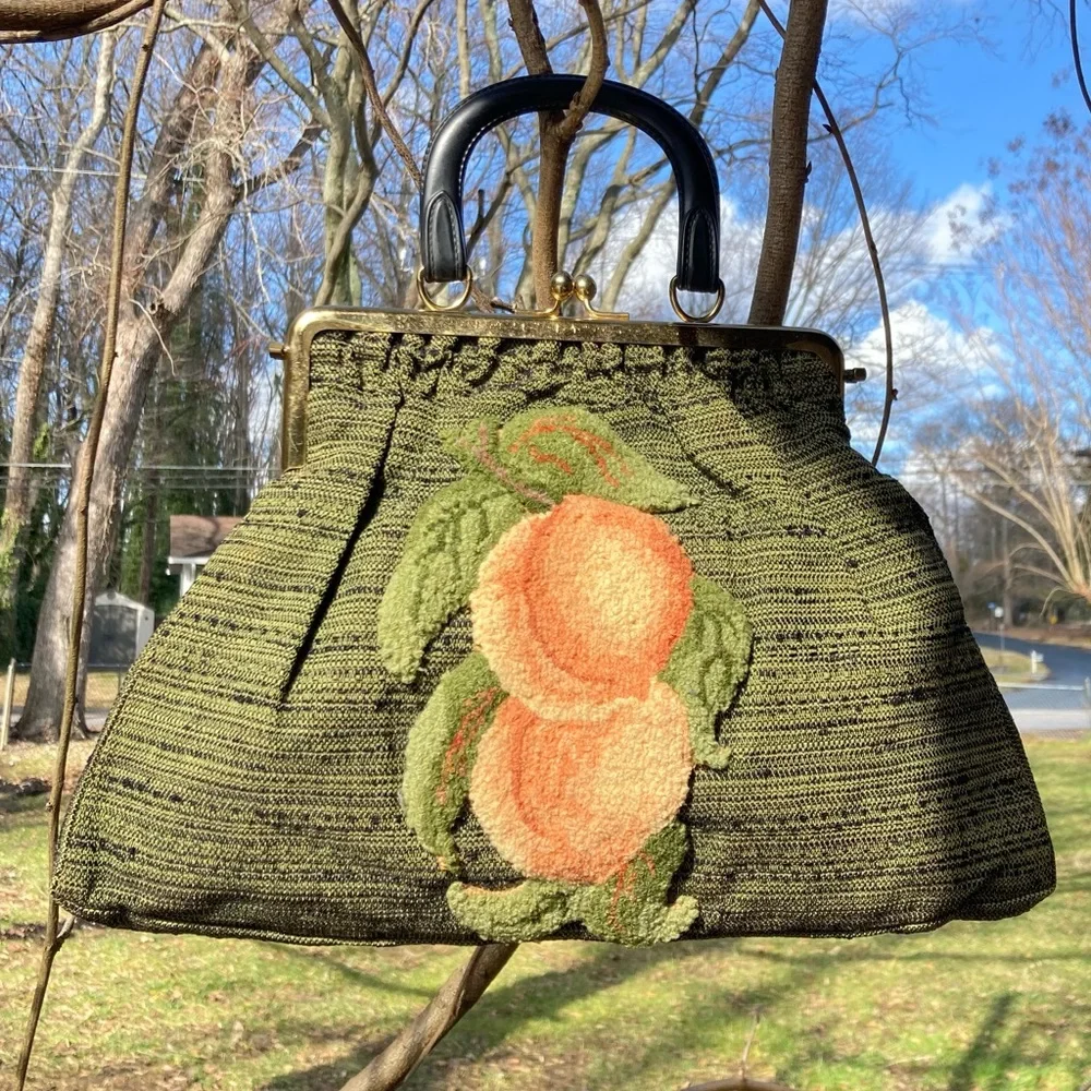 Vintage Style Peach Carpetbag Applique on Green Black Lined Fabric Handbag *HP!*
